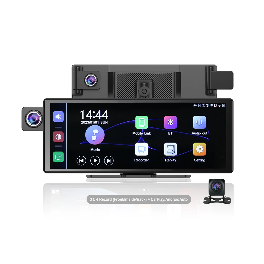 3 Cameras Dash Cam Carplay & Android Auto 2.5K 2560*1440P Rearview Mirror Video Recording WIFI Loop Record Phone APP BT Car DVR