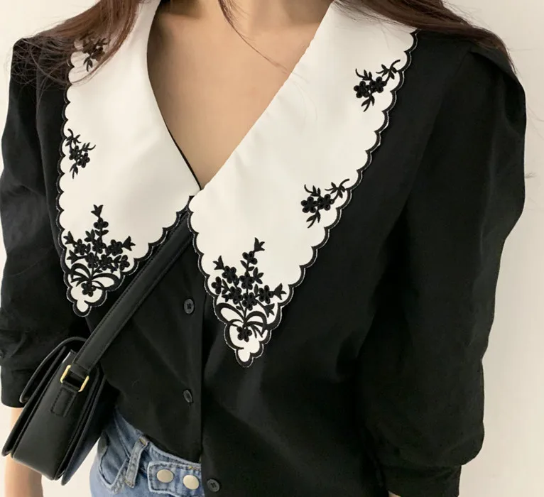 CS203 Korean Fashion Vintage Color Block Sweet Turn Down Collar Embroidery Blouse Women Stylish Blusas Tops