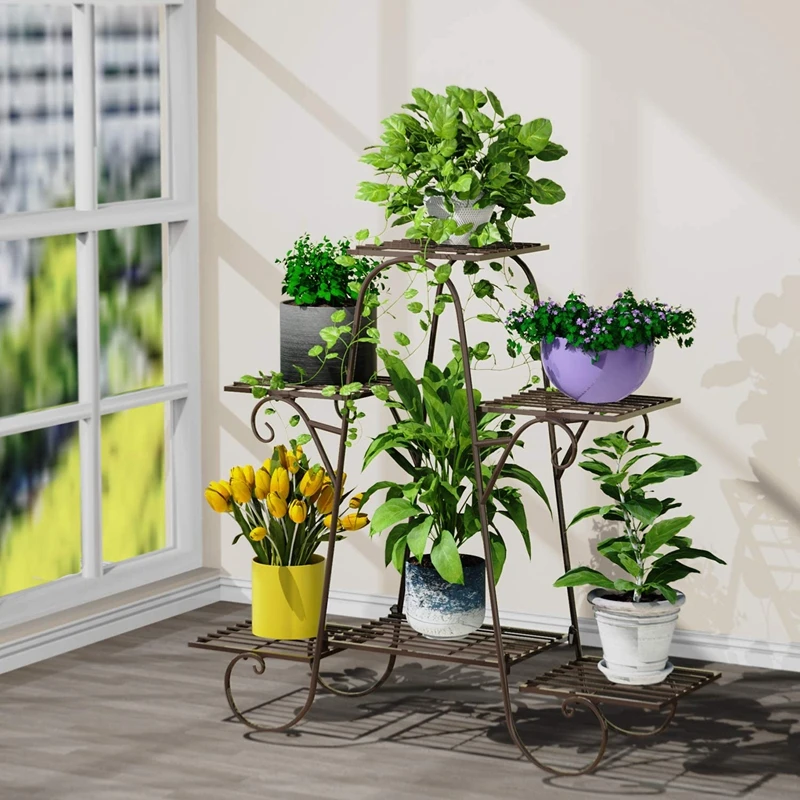 Multi-Tiered Plant Stand Metal Iron Flower Stand Holder 6-Tier Metal Plant Stand for Indoor and Outdoor