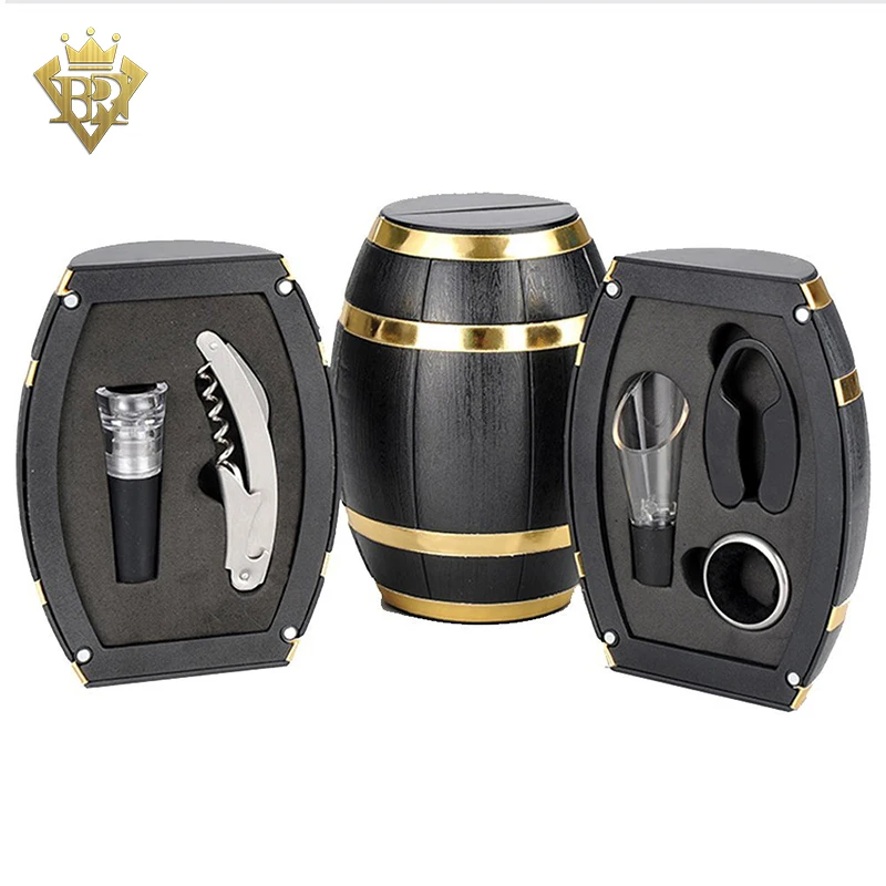 Opener Pourer 5 Piece Wine Bottle Accessory Gift Set with Wine Barrels Box