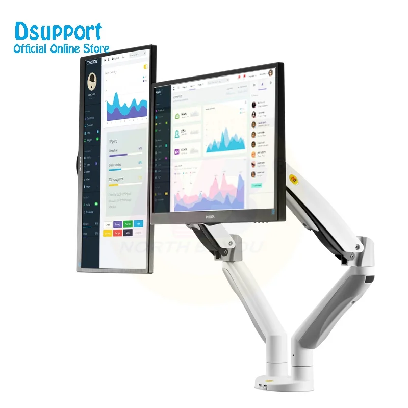 F195A Aluminum Alloy 22-32 inch Dual LCD LED Monitor Mount Gas Spring Arm Full Motion Monitor Holder Support with 2 USB Ports