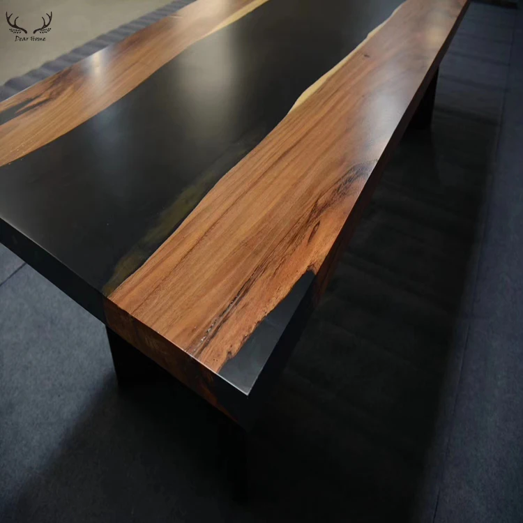 Home walnut table red epoxy resin acacia dining table set wooden dining table top