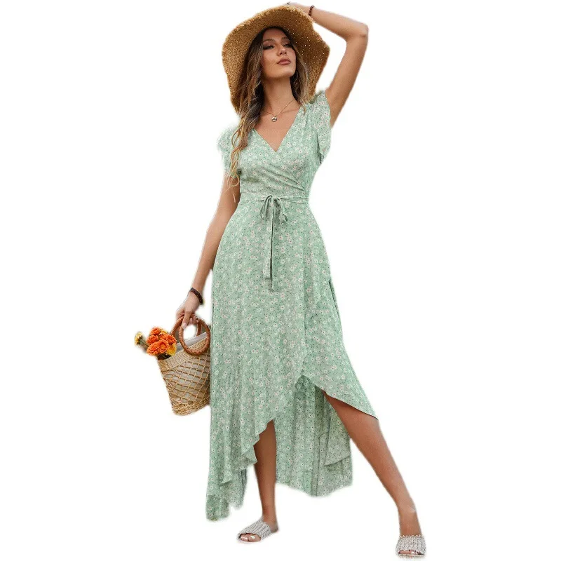Boho High Waist RAYON Flower Print Women Dress Summer Lace-up Sundress 2022 Fashion Wrap Asymmetric Long Flowy Summer Dresses