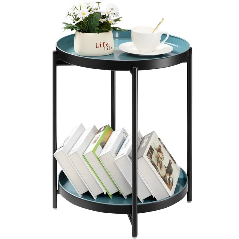 MODERN DESIGN 2 TIER METAL END TABLE WITH REMOVABLE TRAY SMALL END TABLES FOR SMALL SPACES LIVING ROOM