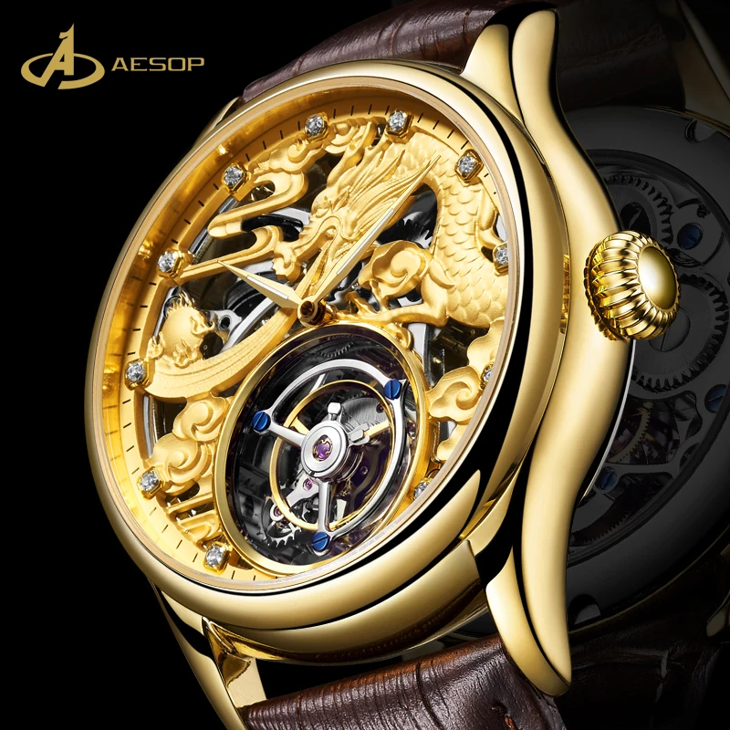Aesop Factory Made Tourbillon Mechanical Watch Zodiac design Dragon Waterproof Leather Tourbillon Mechanical Watch