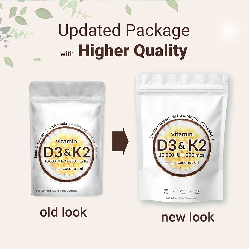 OEM Hot Selling Vitamin D3 & K2 Solftgel Capsules With Coconut oil 300 Mini Softgels Vitamin Supplement Support