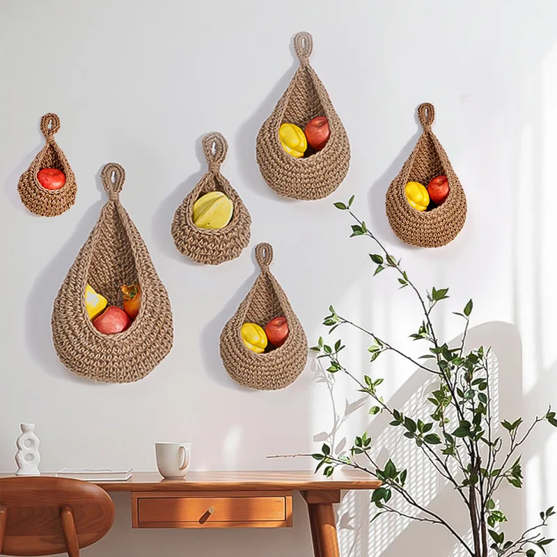 New Material Hanging Wall Vegetable Fruit Baskets Eco Jute Teardrop Hanging Basket Bohemian Hanging Storage Bag