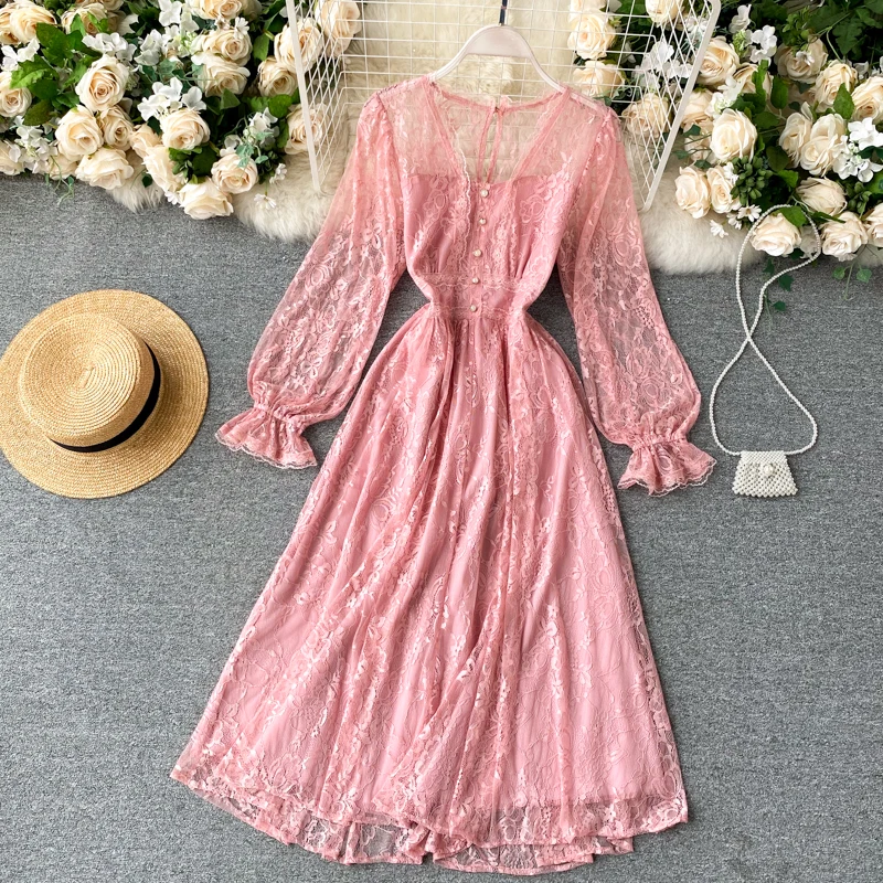 
Bohemian Wholesale Long Sleeve Crochet Decoration Patchwork Lace Dress Women Apparel 