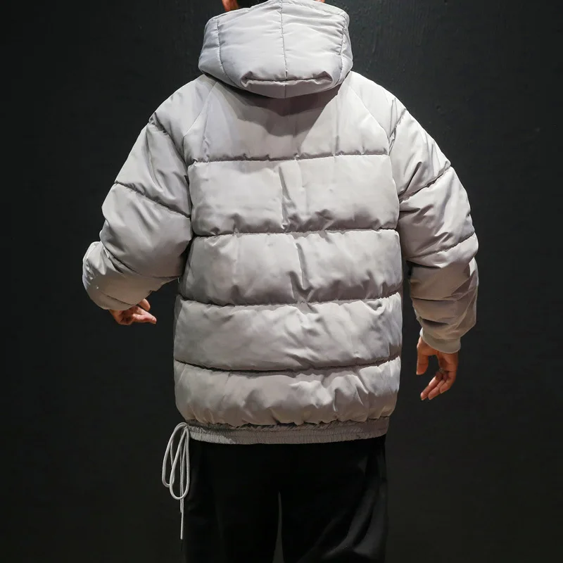 
Hot Winter Thick Loose Waterproof Sidekick Nylon Plain Black Kangaroo Pocket Windbreaker Pullover Puffer Jacket Down Hooded Men 
