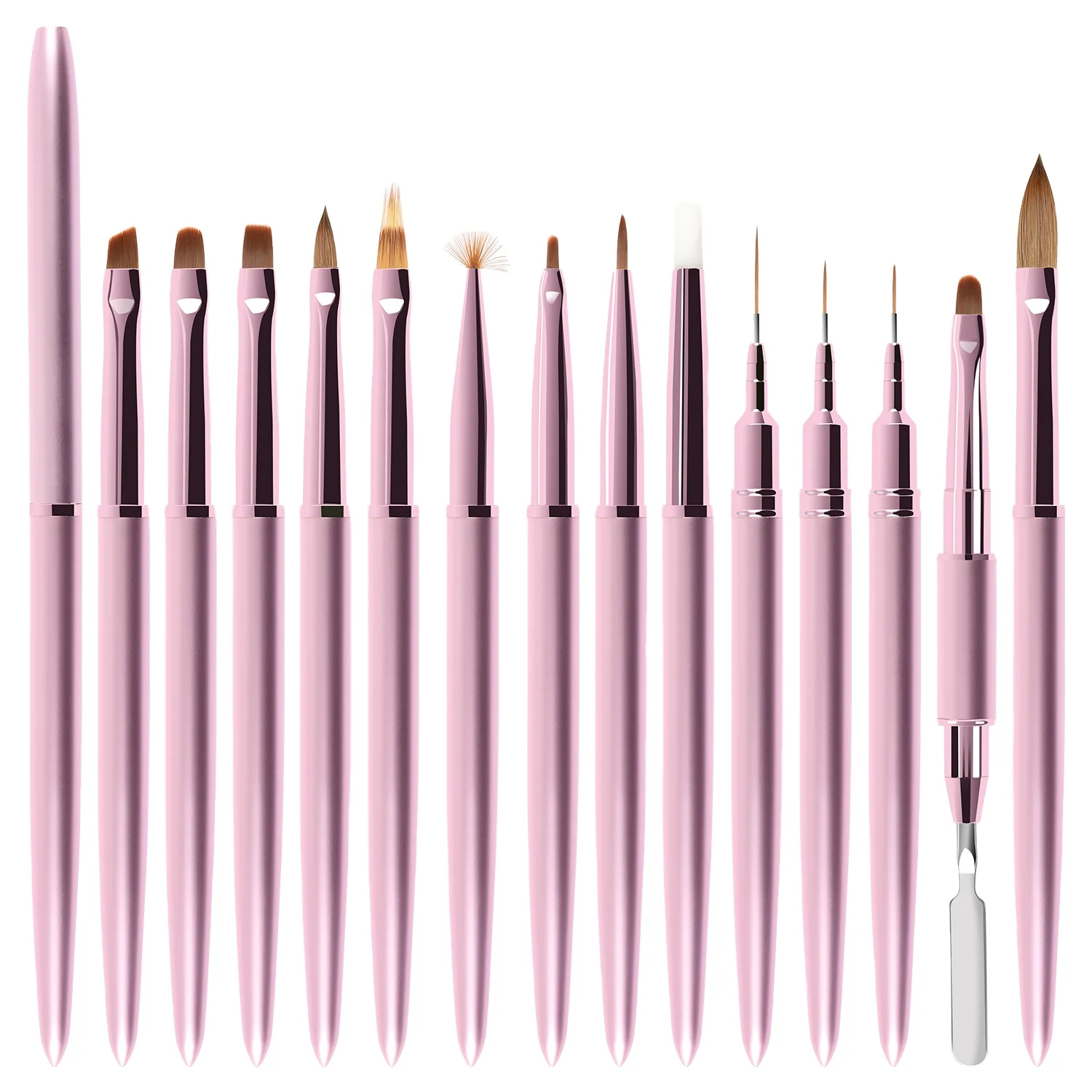 14 PCS Pink Customized Hair Silicone Dot Painting Pen Flat Oval Ombre UV Gel Nail Art Liner Brushes Set Petal Acrylic Nail Brush