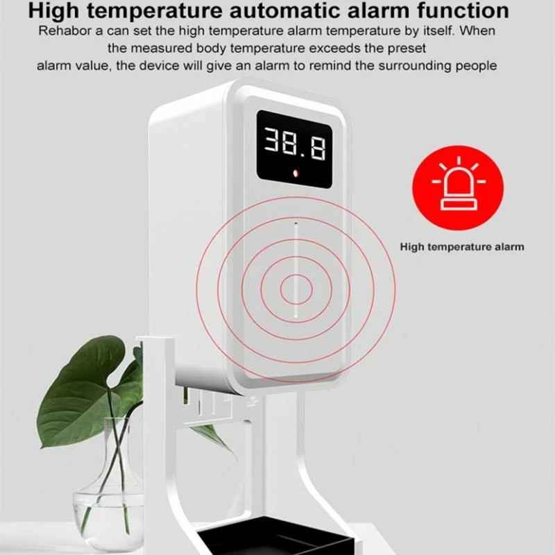 Wall Mounted Body Temperature Measurement Alarm Auto Disinfect Liquid Spray Hand Sanitizer Soap Dispense With USB Rechargeable