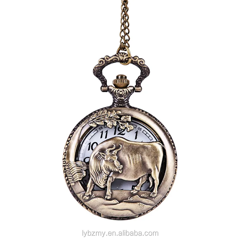 Quartz Bronze  Animal Vintage Clock Men Women Necklace Chain Pendant Fob Animal Pocket Watch