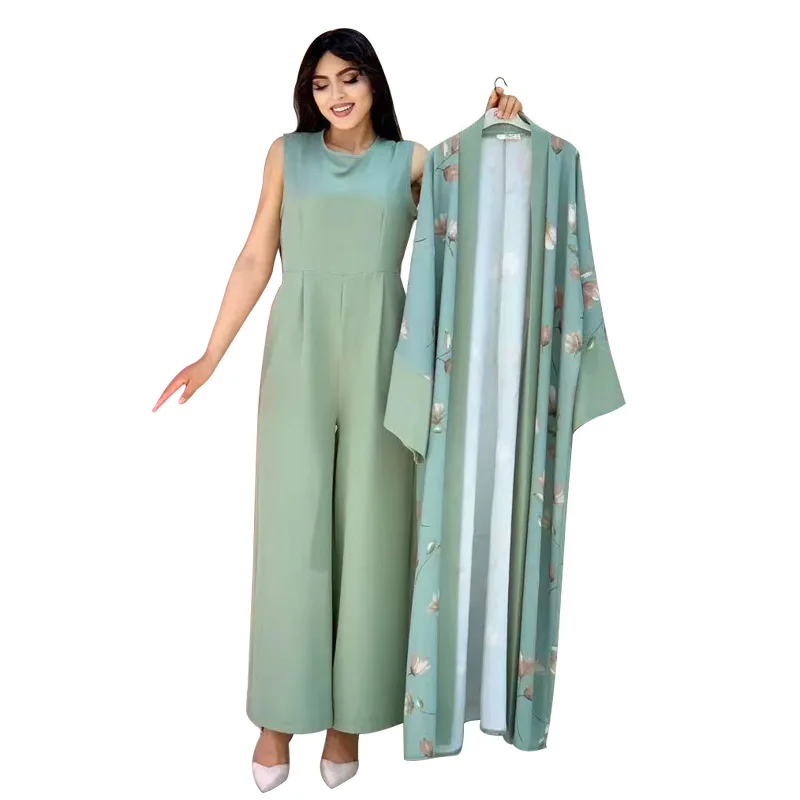 Wholesale Printed Abaya Arabic Floral Kimono Cardigan And Sleeveless Inner Slip Modest Women Muslim Dress Open Abaya Set