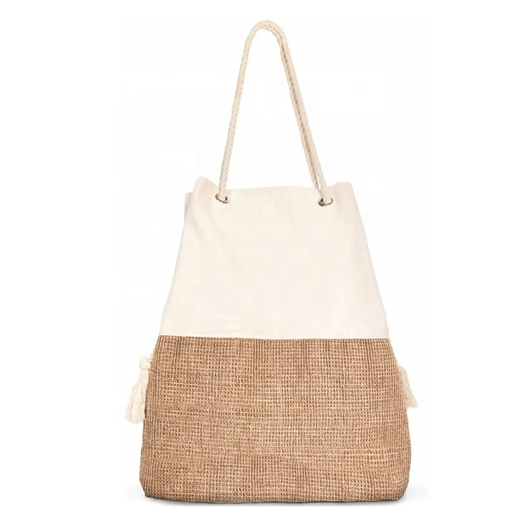 Summer hot fashion canvas cotton open adjustable rope handles custom handbag Jute boho Tote Summer Shoulder Bag