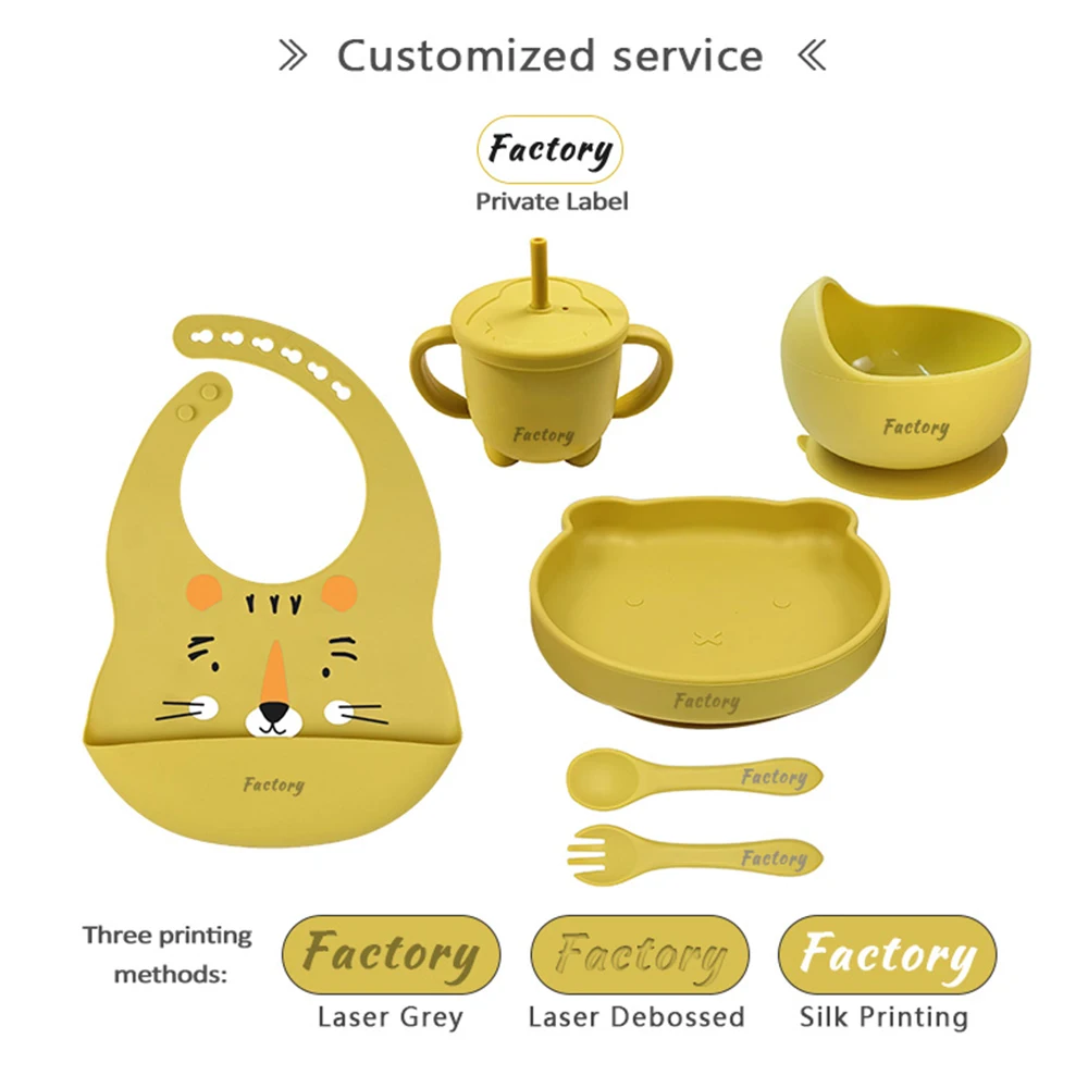 SET7111ASF Kids Dining Set Infant Tableware Weaning Kit Food Grade Baby Bowl Printed Bibs Suction Plate Spoon And Fork