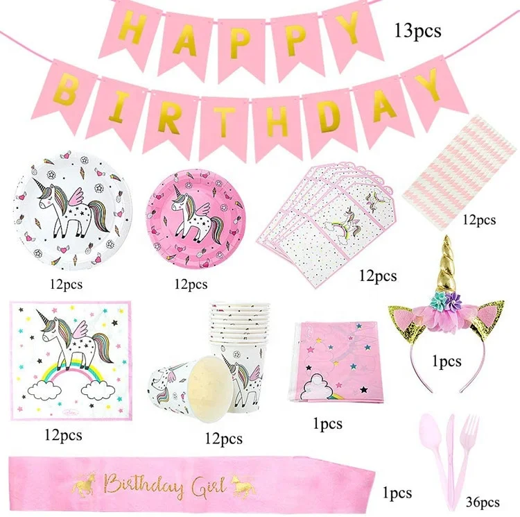 
Xiamen Stone Pink Birthday Party Tableware, 112PCS Unicorn Party Supplies Including Paper Plates Napkins Cups Banner Tablecloth 