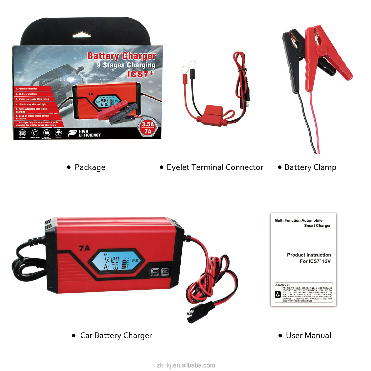 Professional 12V 3.5A 7A lead acid and LiFePo4 and lithium battery charger with showing charging status for car/truck/marine