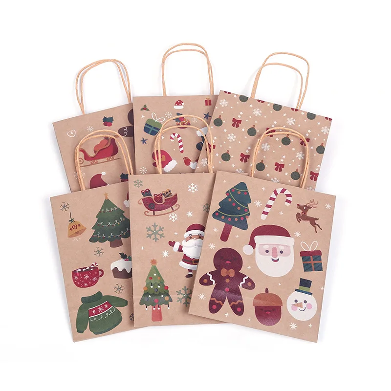 Promotional Hot Sale Custom Recycle Brown Kraft Christmas Tree Paper Gift Bag For Shopping  cute gift paper bag with handle