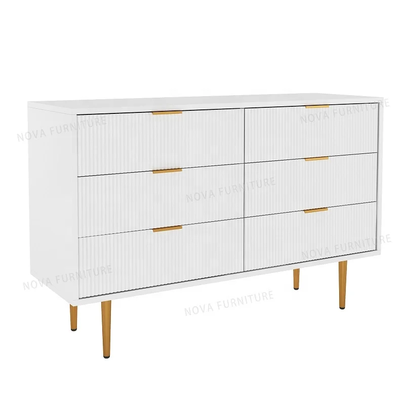 NOVA Home Interior White MDF 6-drawer Wide Dresser Accent Chest Of Drawers With Golden