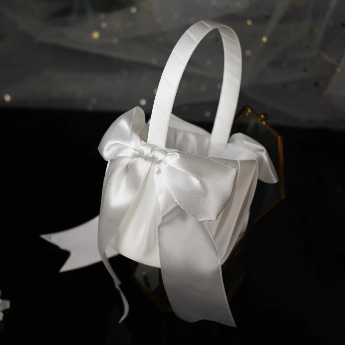NANTEX popular solid color white satin style bride wedding flower basket knot flower girl   basket