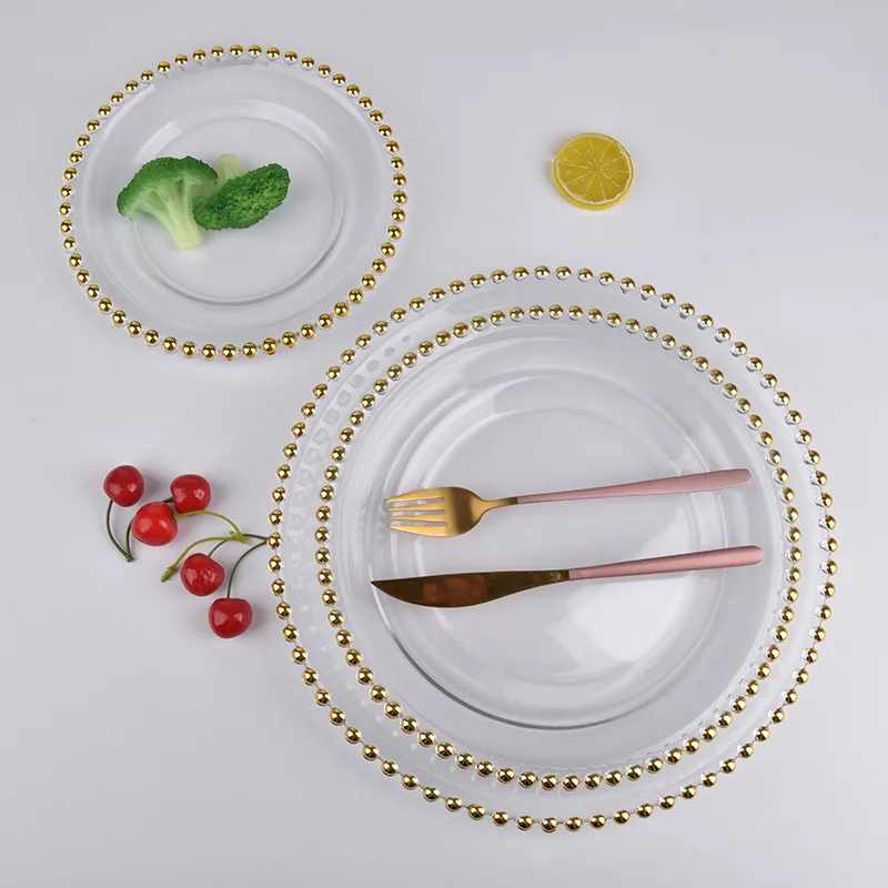 European Crystal Glass Plate With Gold Bead Trim Household Tableware Set for Banquet Steak Dessert
