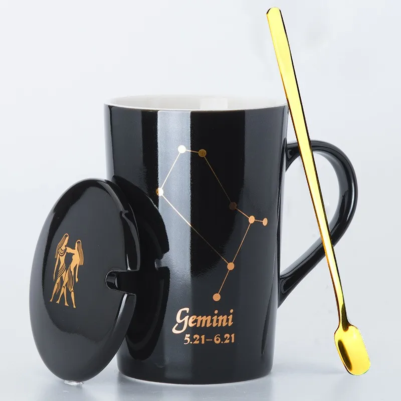 450ML Fashion Constellation Horoscope Ceramic Mug Couples Drinking Cups Coffee Mug with Lid and Spoon