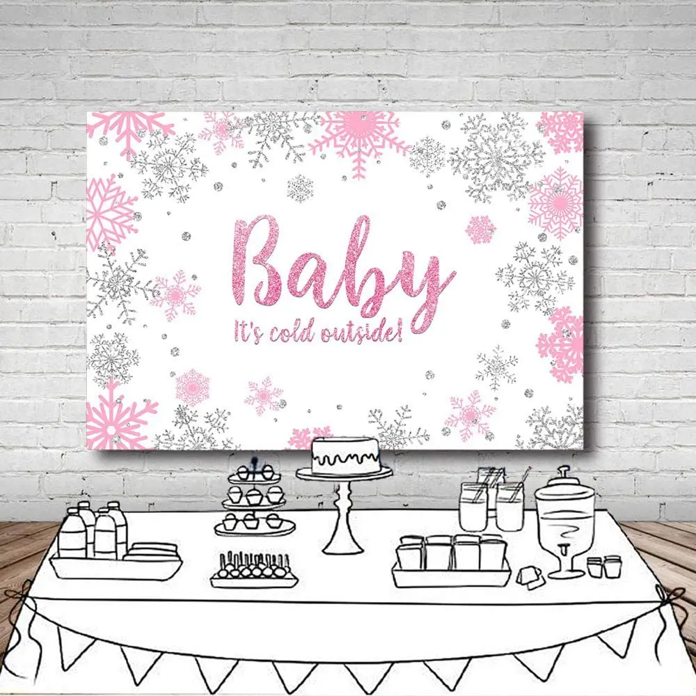 7x5ft Winter Girl Baby Shower Photo Background Props Snowflakes Pink and Silver Backdrops Party Decoration