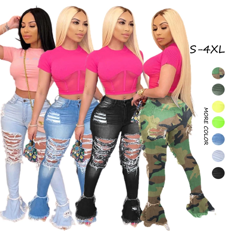 
New Arrival High Waist Stretch Bell Bottom Style Denim Mom Jean Plus Size Women Jeans 