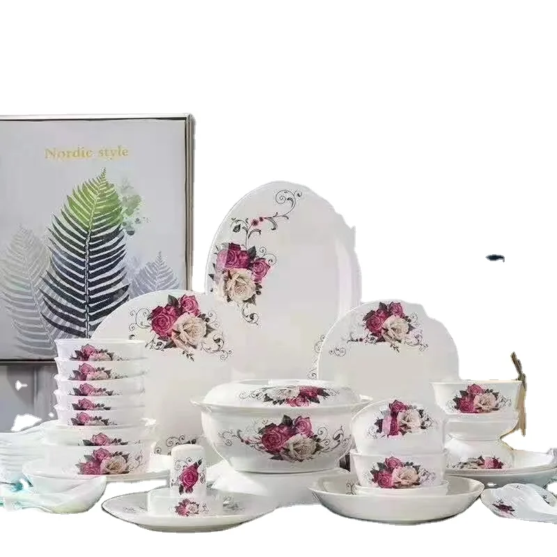 Manufacturer Wholesale Porcelain 56PCS New Design Fine Bone China Dinnerware Set for 6 People With Flower Decal luxury plates