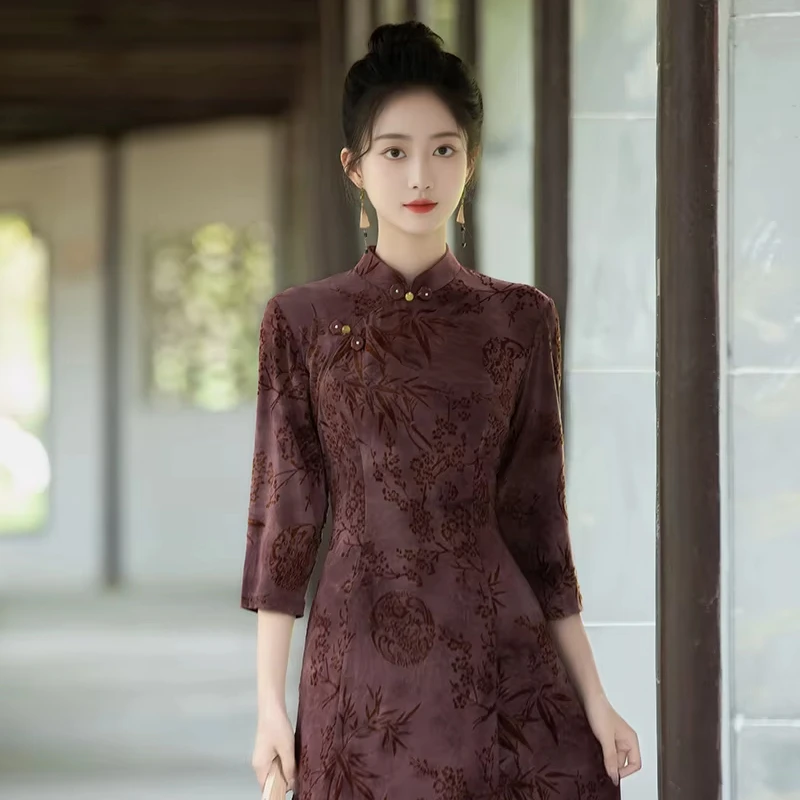 2024 New Mother Dress Improved Cheongsam with Long Chinese Style Dress for Adults Autumn Winter