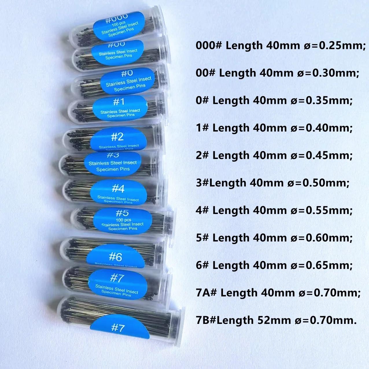 NEW hot sell 100 pcs per tube all 11 different international sizes of stainless steel insect pins specimen entomological pins