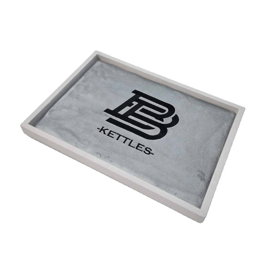 Customized Embroidery Black LOGO Gray Plush Velvet Lining PU Leather Border Jewelry Watch Valet Tray