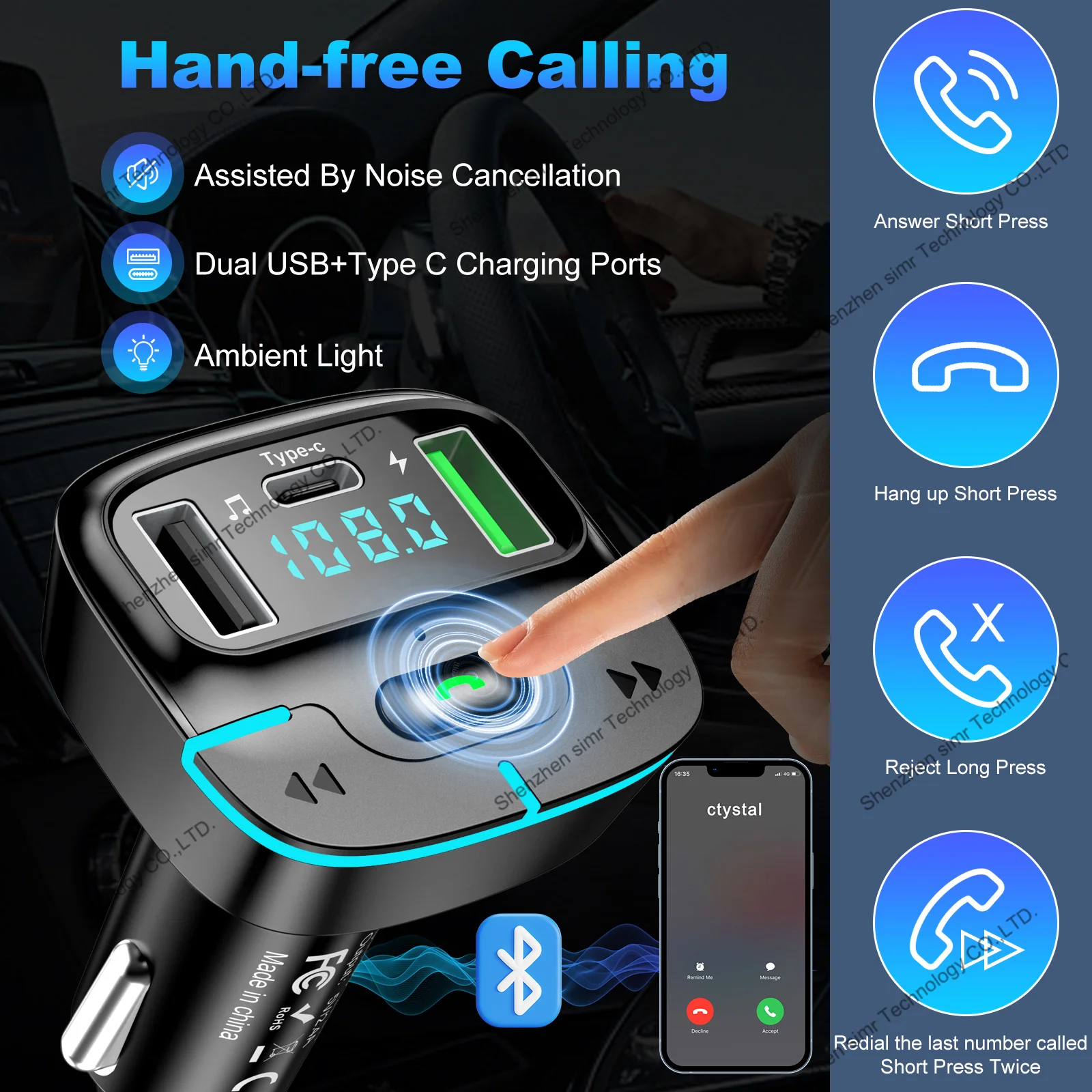 simr 20W Handsfree Bluetooth 5.3 Modulator Car Charger 2.4A Dual USB type C Adapter Car MP3 Player Wireless radio fm transmitter
