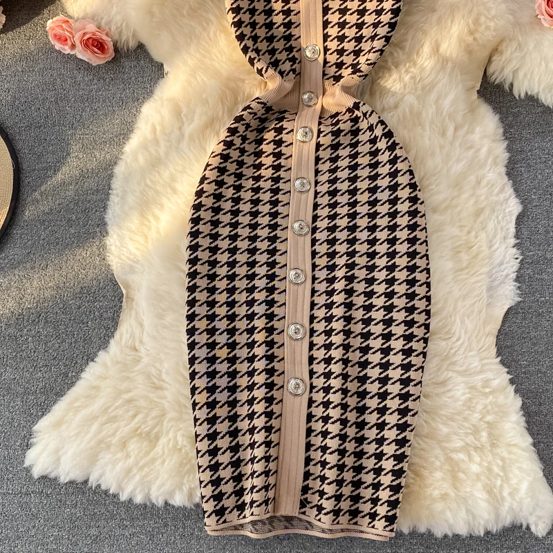 Summer V-neck Plaid Knit Casual Dress Women High Waist Midi Sheath Dress Ladies Elegant Dresses Clothes Women Wholesale