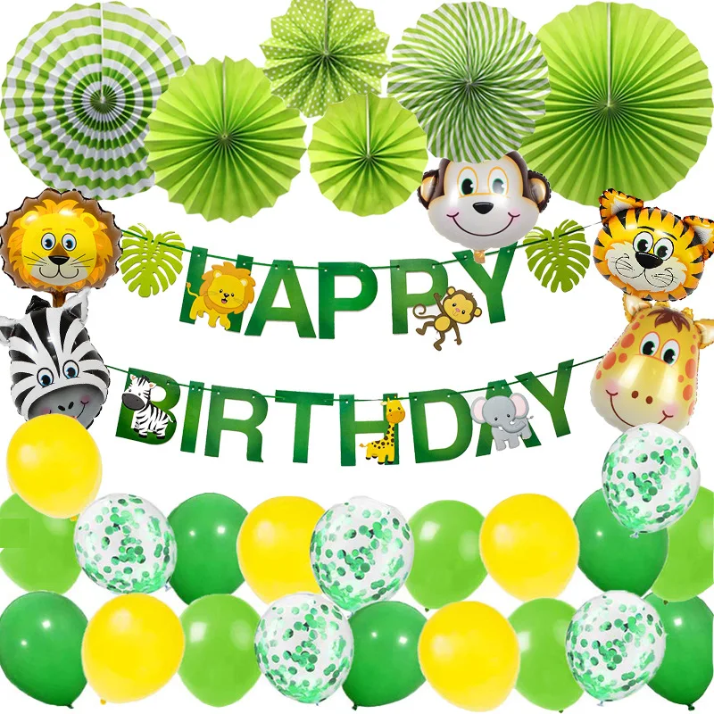 Jungle Animal Theme Birthday Party Decoration Set Monkey Lion Aluminum Foil Balloon stuffing paper scraps Green Paper Fan Set