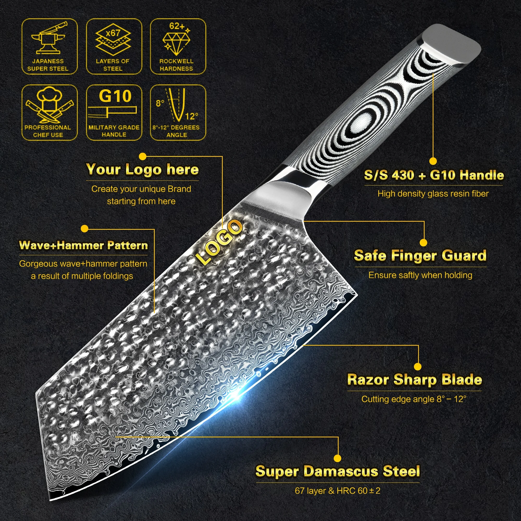 Ручка Grey G10 7 дюймов 67 слоев vg10 китайские поварские ножи из дамасской стали нож для ножей мяса с кованым узором