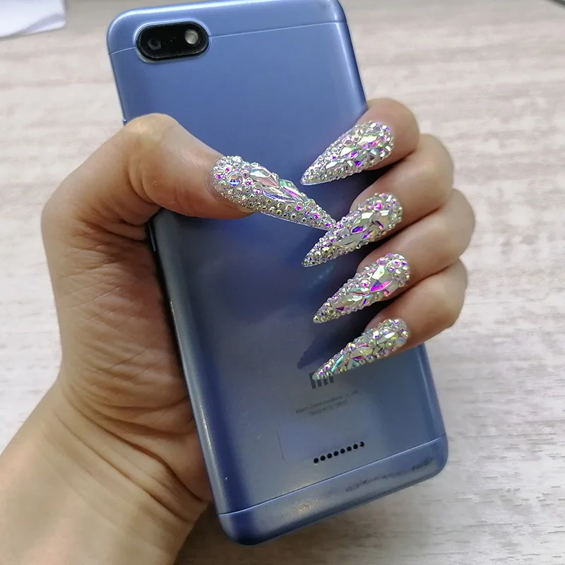 Wholesale Custom Full Cover Gradient Green Rhinestone Acrylic False Artificial Tips Press on Nails With Rhinestone