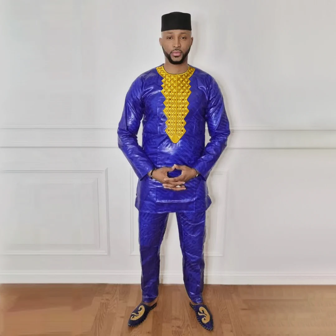 H & D  African Clothes for Men Top Pant 2 Pieces Set African Men Outfit Riche Embroidery Shirt With Trouser Rich Bazin Original
