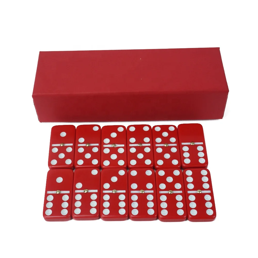 Factory custom double 6 six dominoes set 28pcs 8mm thickness red domino with rouge paper cardboard box for casino funny game