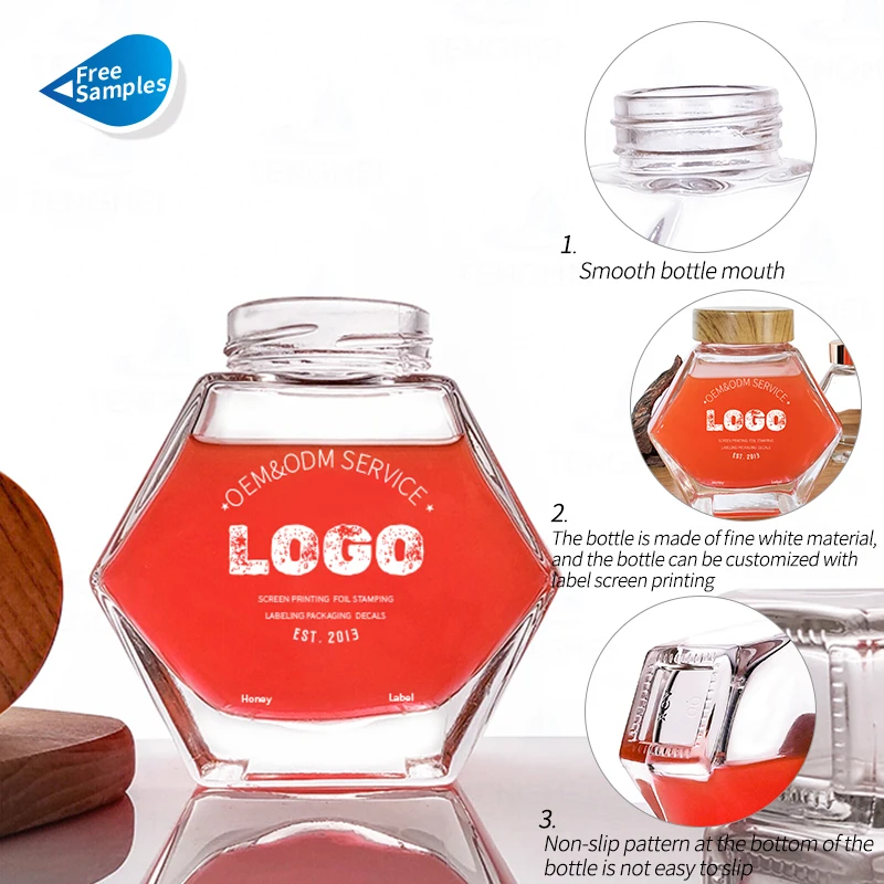 Hexagon Thick Clear 100ml 200ml 300ml Glass Jars Hexagonal Honey Jam Food Containers with Metal Plastic Screw Lids