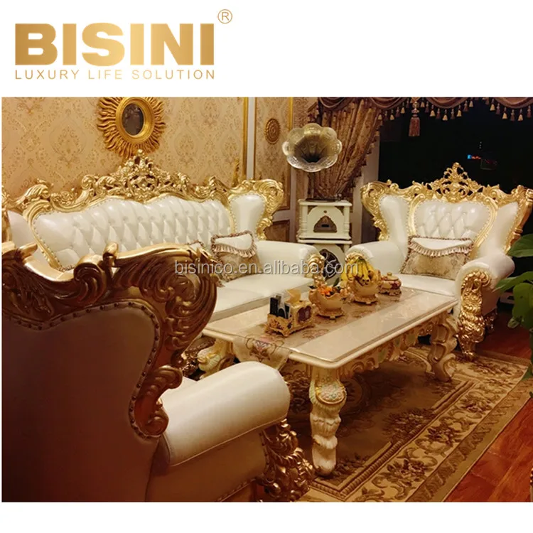 European Palace Style Royal Salon Club 1+2+3 Seater Sofa Set 24K Gold Leaf Wood Carved White Genuine Leather Buckle Settee
