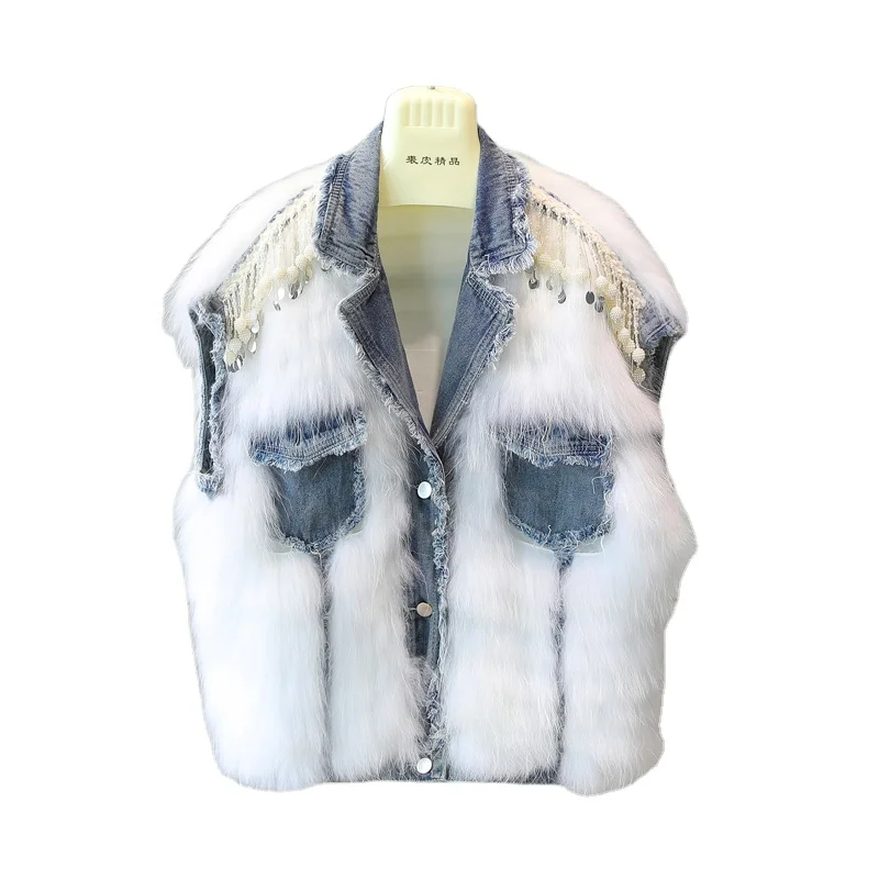 
2020 Women Korean Style Cool Real Fur Gilet Denim Fabric Vest Short Raccoon Fur Gilet 