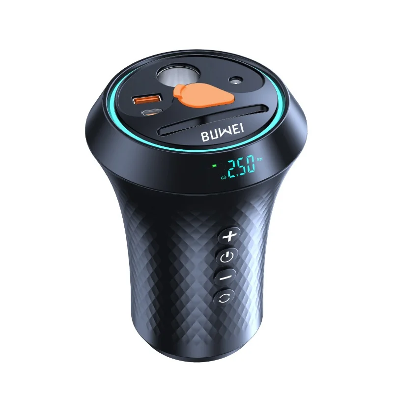 Buwei All-In-One Portable Steel Car Air Pump Wireless High Pressure Hidden Cup Holder Mobile Phone Fast Charging Also Bicycle