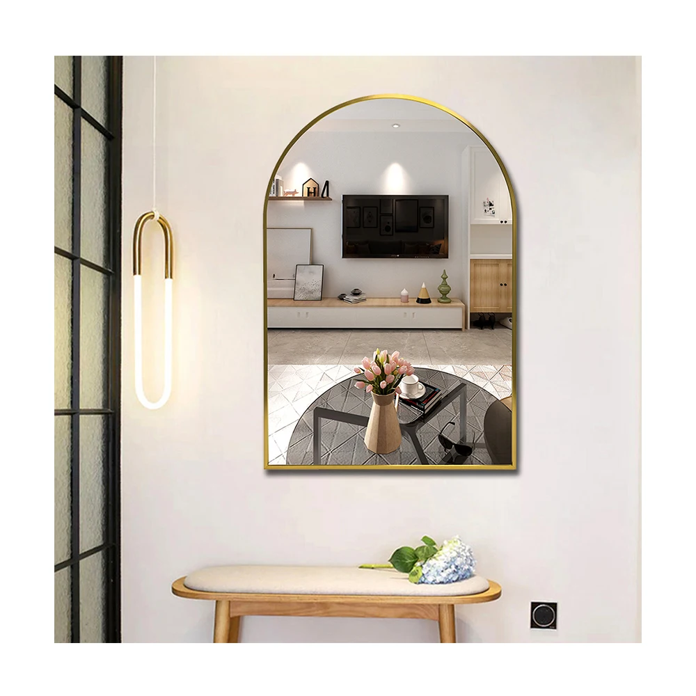 Custom gold aluminum framed design arch bathroom home wall decor luxury makeup salon dressing hanging unbreakable mirror miroir