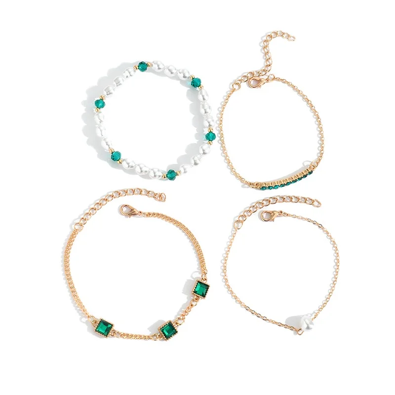 4Pcs/set Elegant Imitation Pearl Beaded Bracelets Women Noble Green Simulation Crystal Bracelet Femme Jewelry Party Gift
