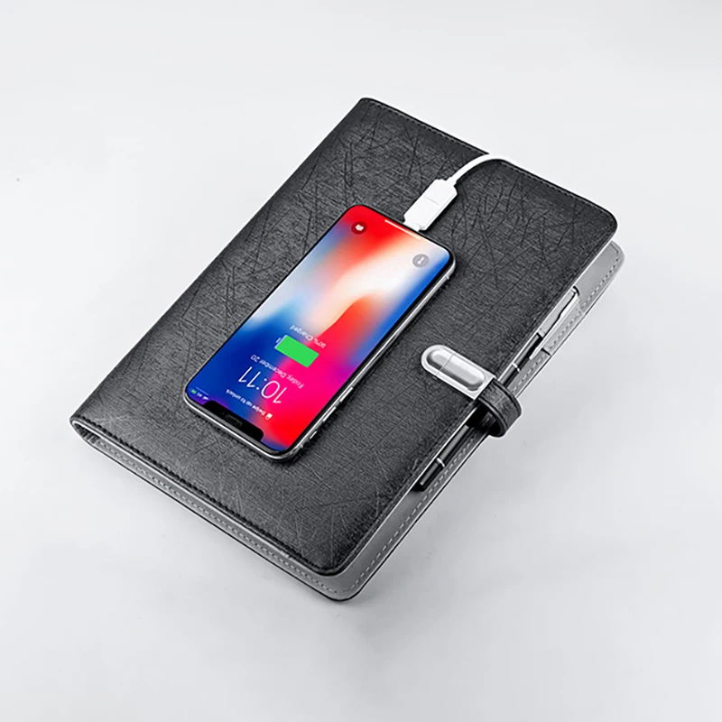 New fashion and popular a5  black color pu leather power bank smart notebook notepad dairy for business men