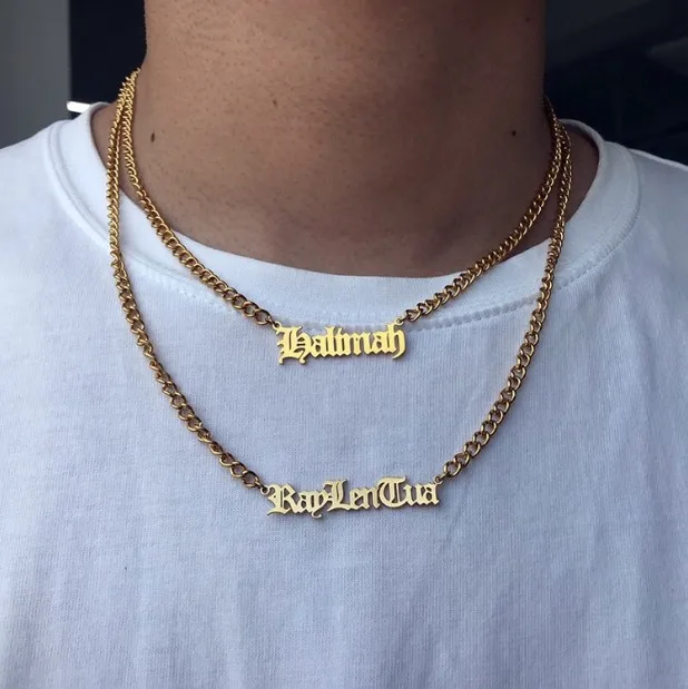 
Old English Letter Men Gold Stainless Steel Name Necklace 