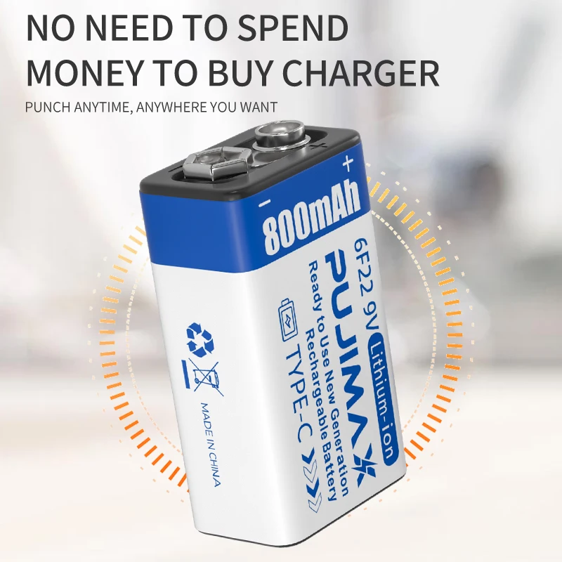 PUJIMAX 800mah type c 9v battery 1pcs 6f22 9v lithium battery multimeter rechargeable battery 9v with usb c charging cable