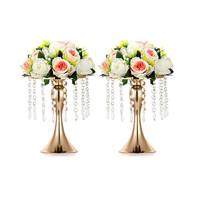 Gold Silver Metal Vase Crystal Arrangement Flower Stand, Tall Crystal Flower Stand Wedding Road Lead Table Centerpieces