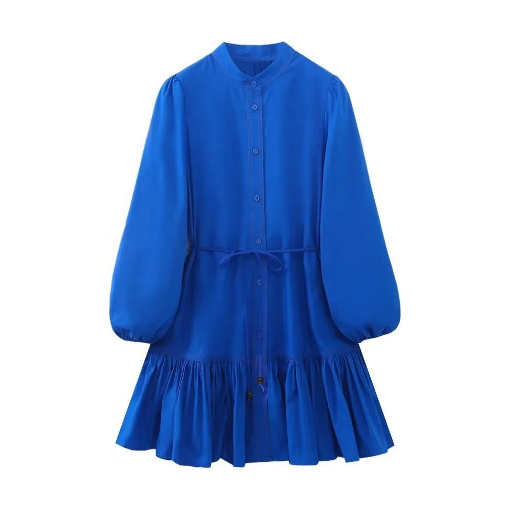 ZHEZHE XS Women Clothing Newest Design Luxury Round Neck Re Breasted Shirt Long Sleeve A-Line Midi Dress Klein Blue Dress